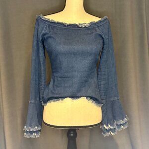 Venus Off-Shoulder Smocked Denim Fray Hem Top
